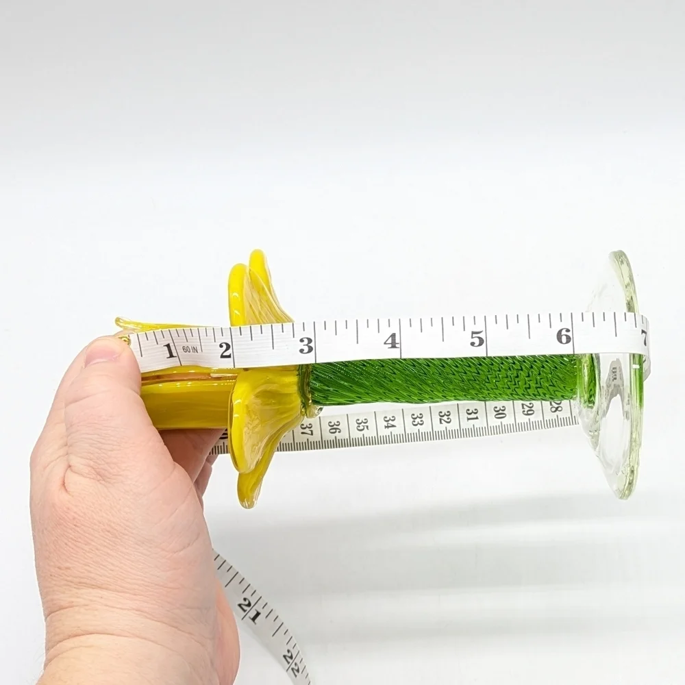 Handblown Yellow Daffodil Green Floral Glass Candlestick Holder